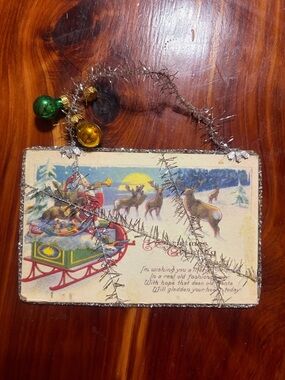 Vintage Christmas Postcard Ornament with Tinsel and Bells